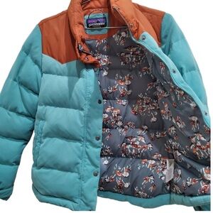 Patagonia Bivy Down Puffer Coat RARE Teal Mushroom Print